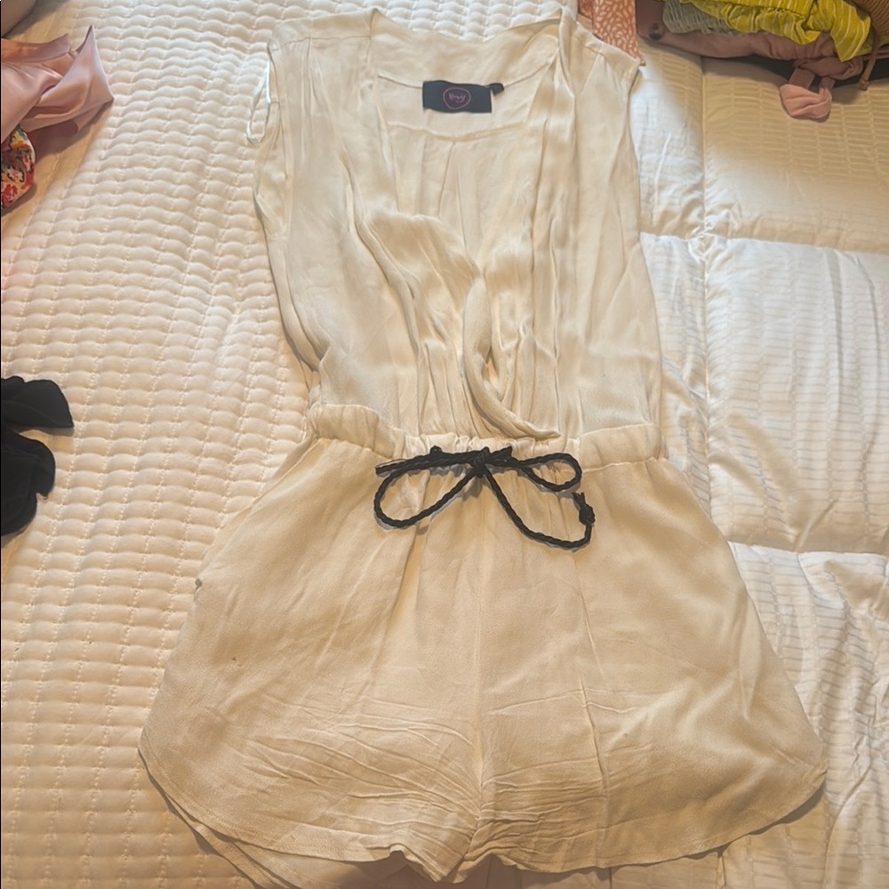 White Sleeveless Romper with Black Tie